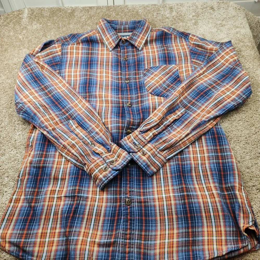 The North Face Mens Large Blue Orange Plaid Flannel Button Down Shirt Cotton